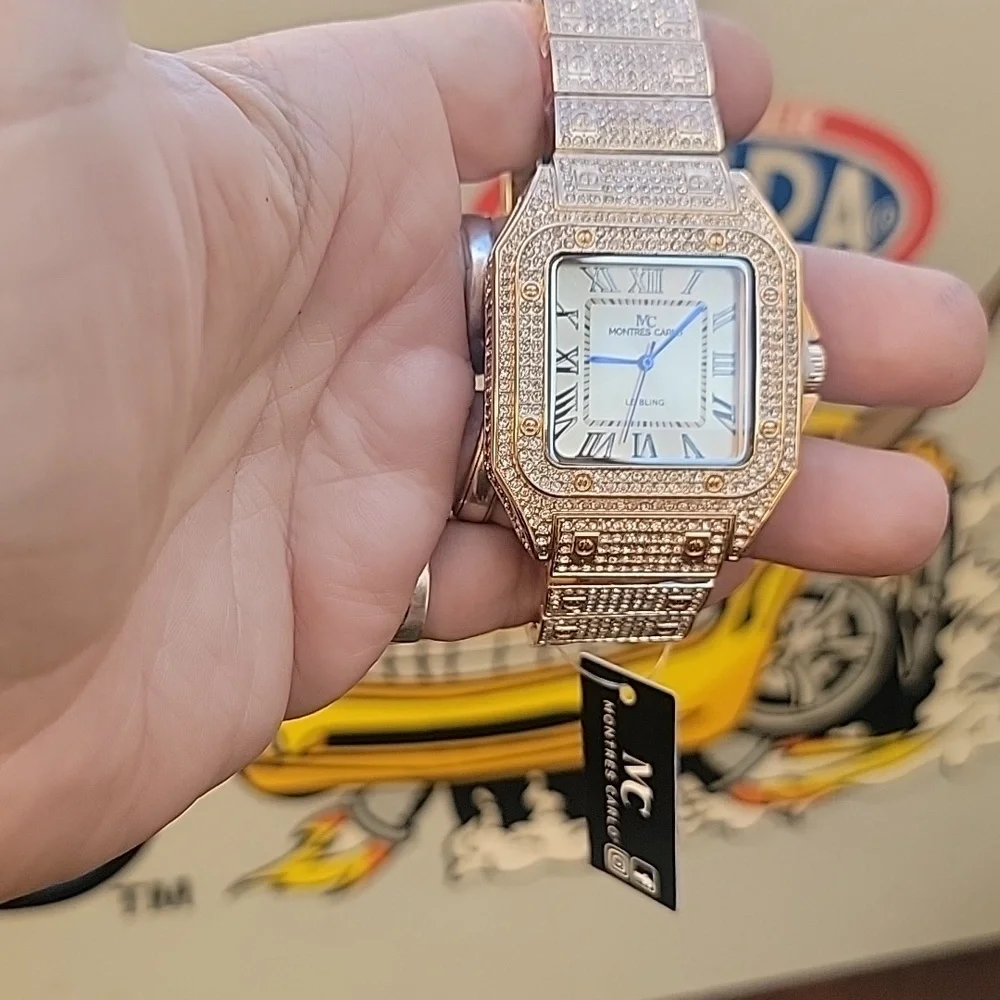 💎 Montres Carlo 45mm Pave Crystal Chunky Quartz Watch Gold Tone Iced Out Bling